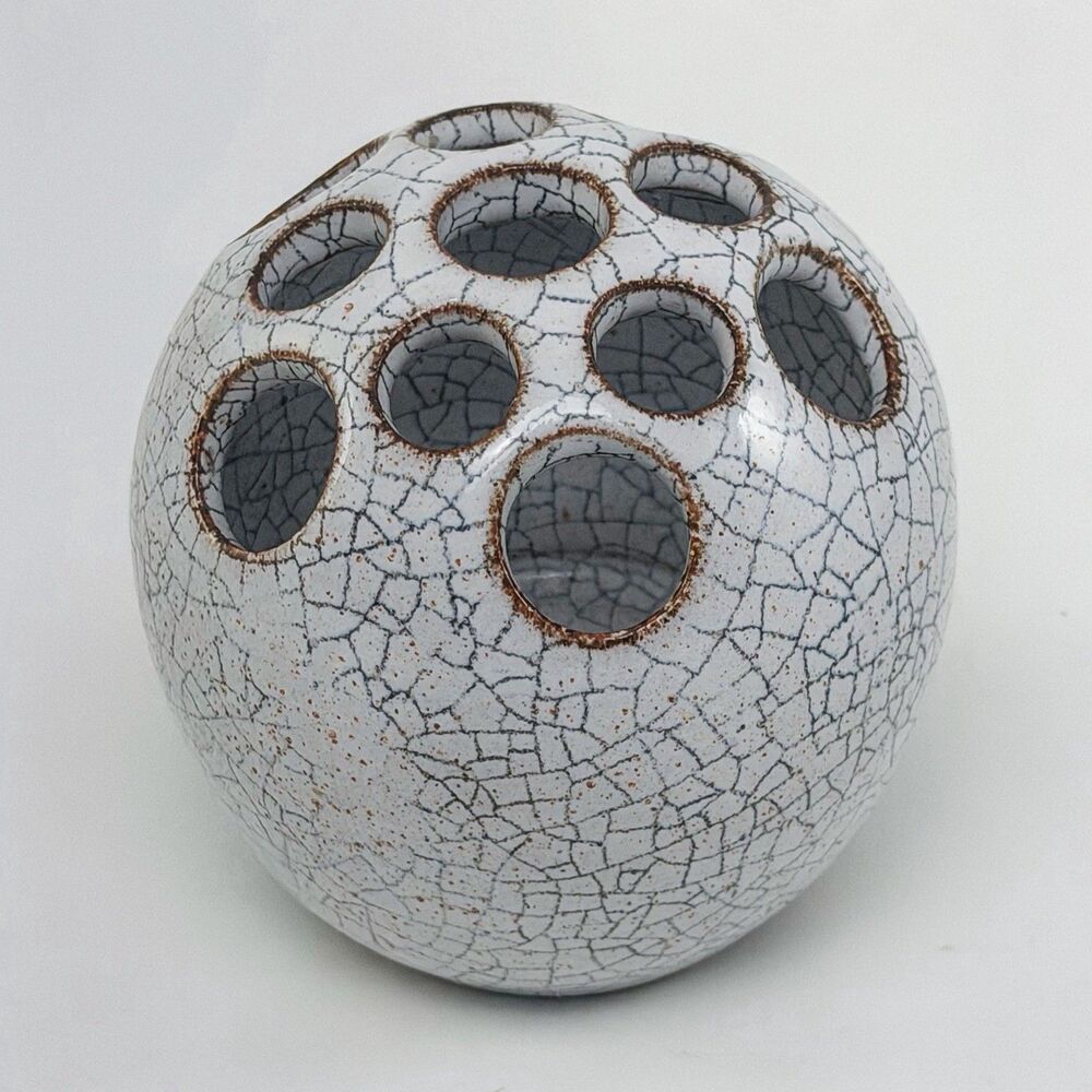 Signed Studio Pottery Crackle Glaze Flower Frog Gray Spherical Ikebana - Picture 2 of 5